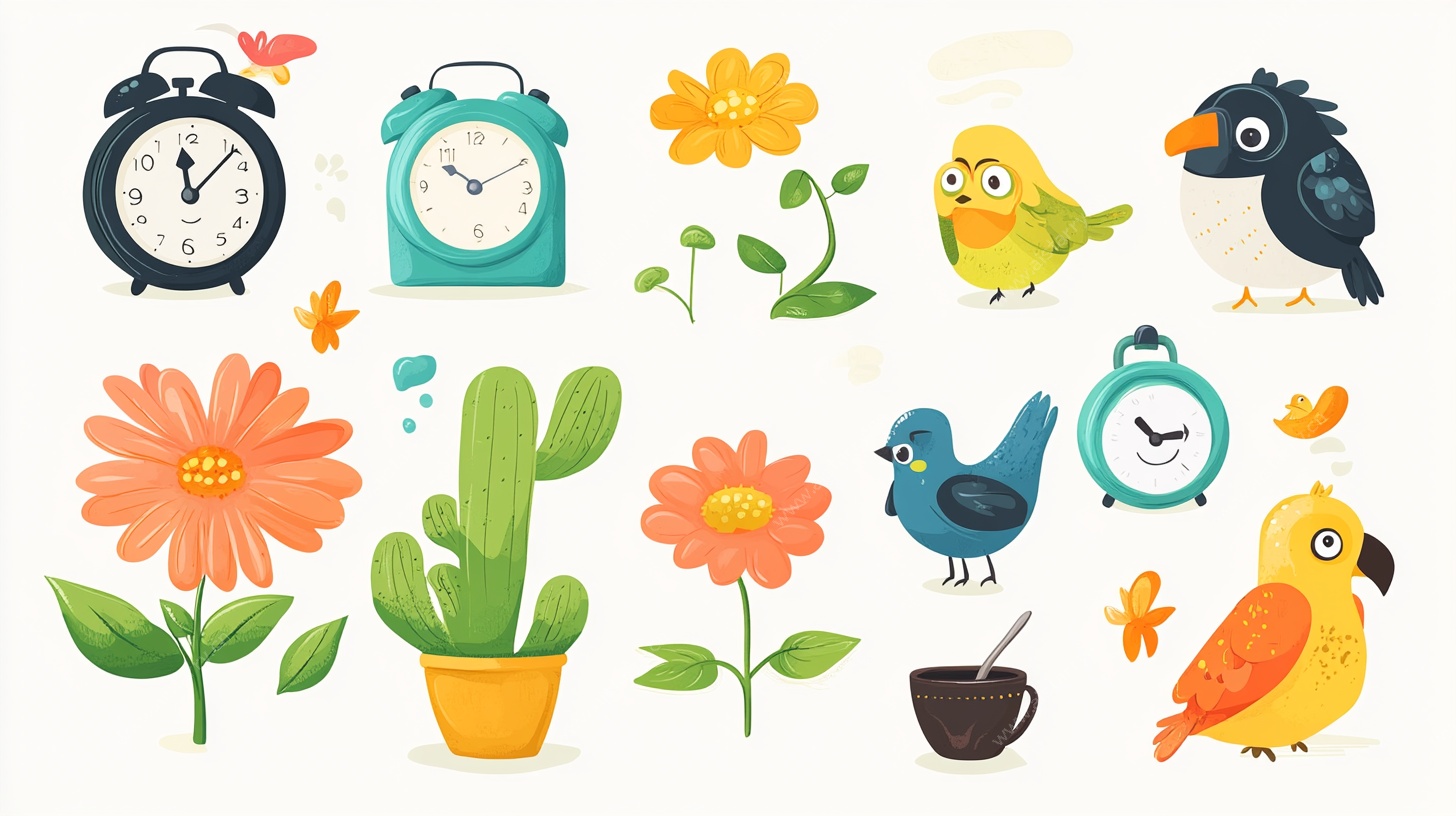 卡通花鸟钟插画素材