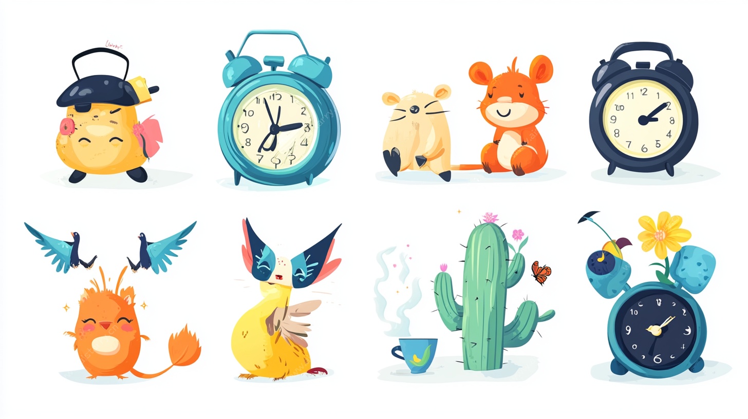 可爱动物与闹钟插画集合