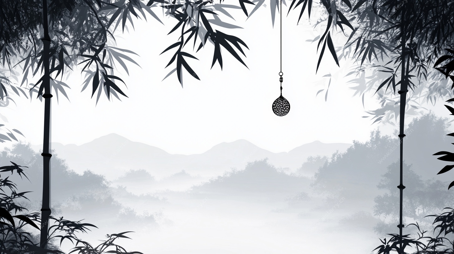 水墨竹林山间风铃图