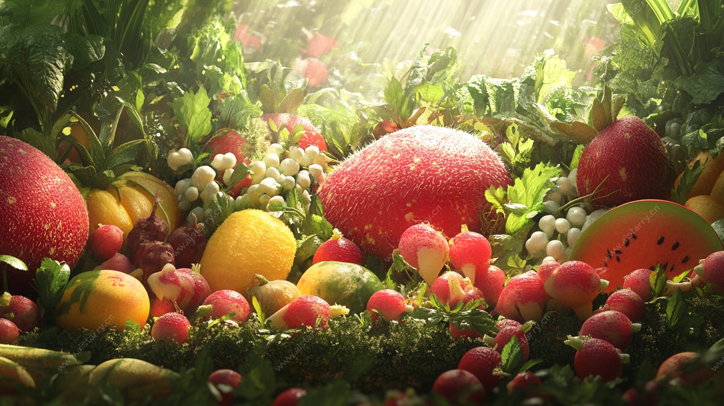 阳光照耀下的缤纷水果世界