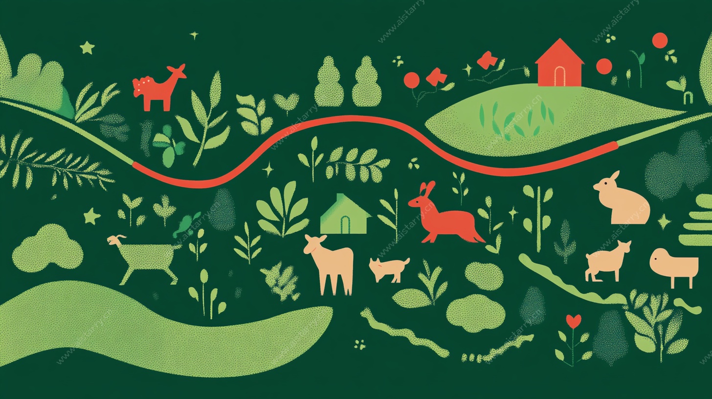 田园动物插画风景图