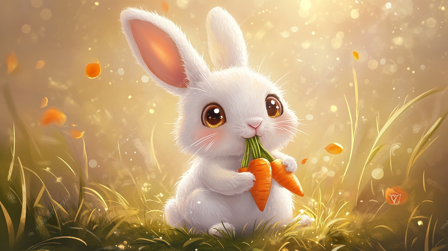 可爱白兔持胡萝卜于草地