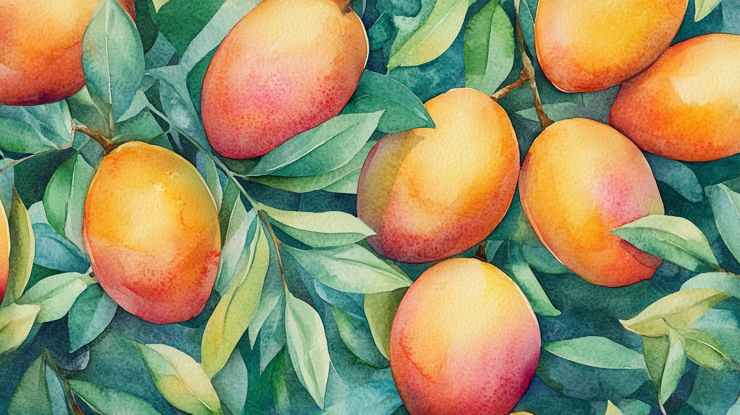 水彩芒果叶间插画