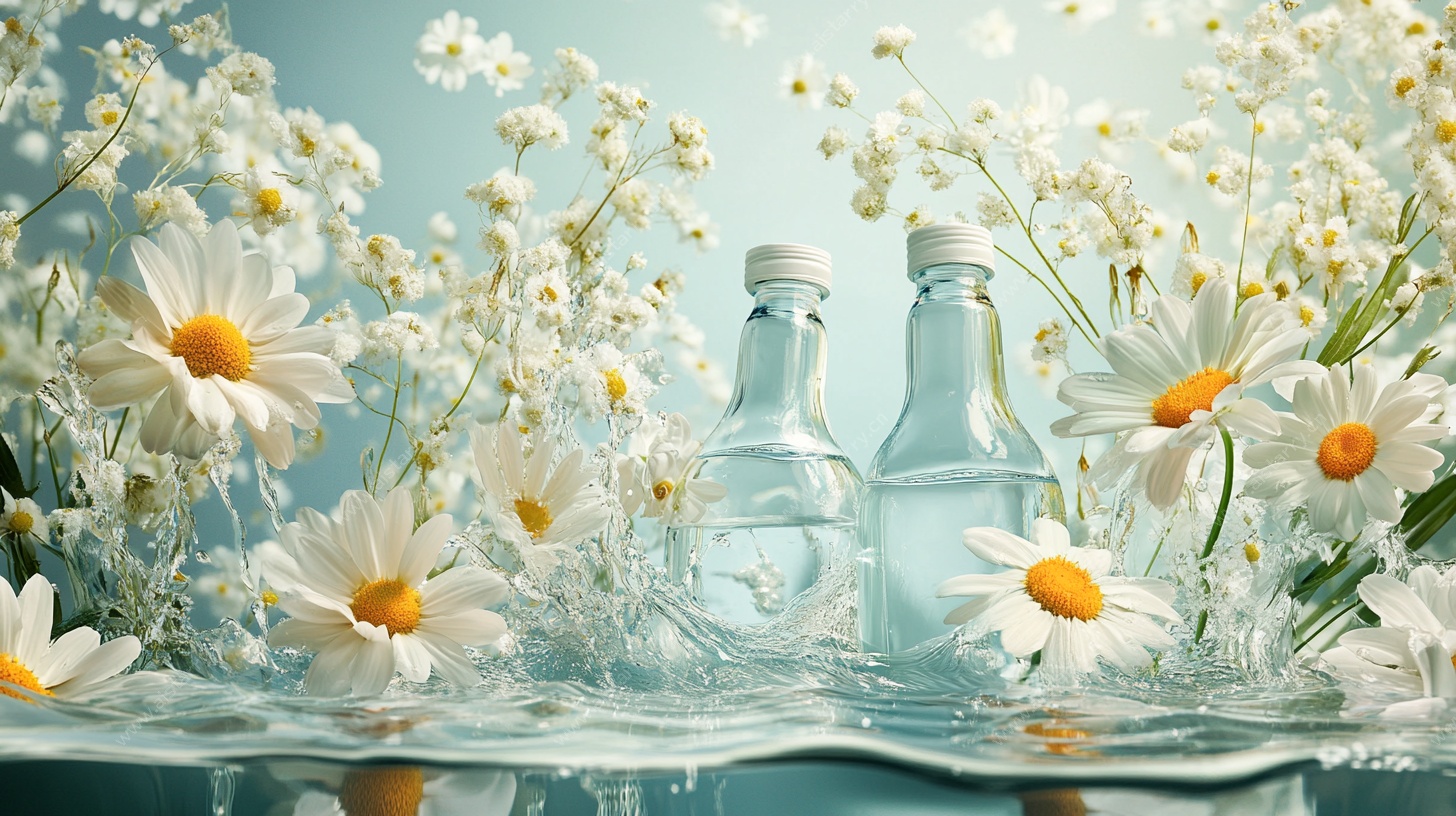雏菊环绕的清新玻璃瓶