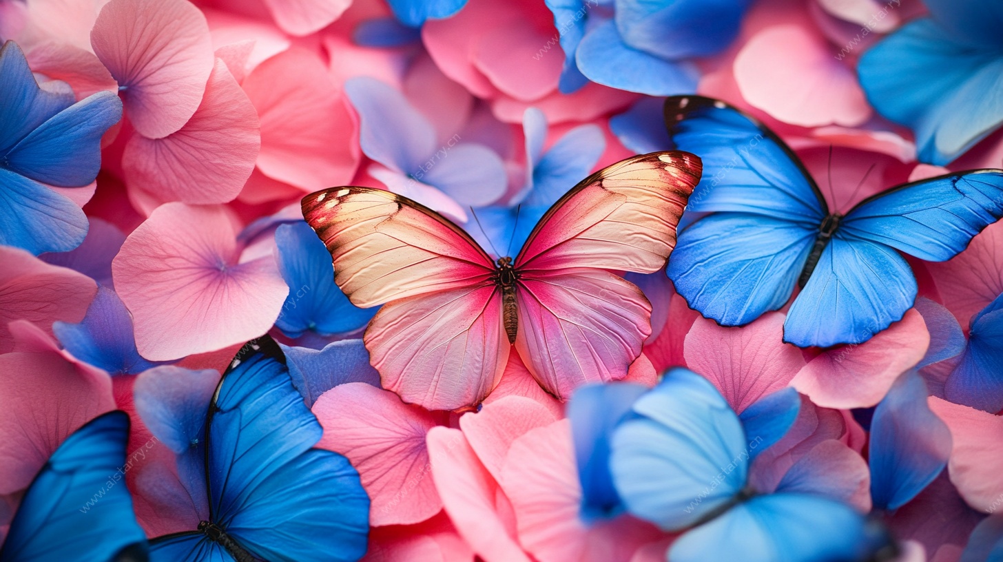 蝴蝶翩跹于缤纷花瓣间