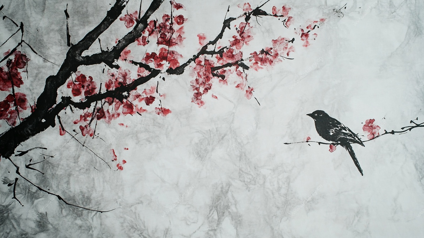 水墨红梅栖鸟图