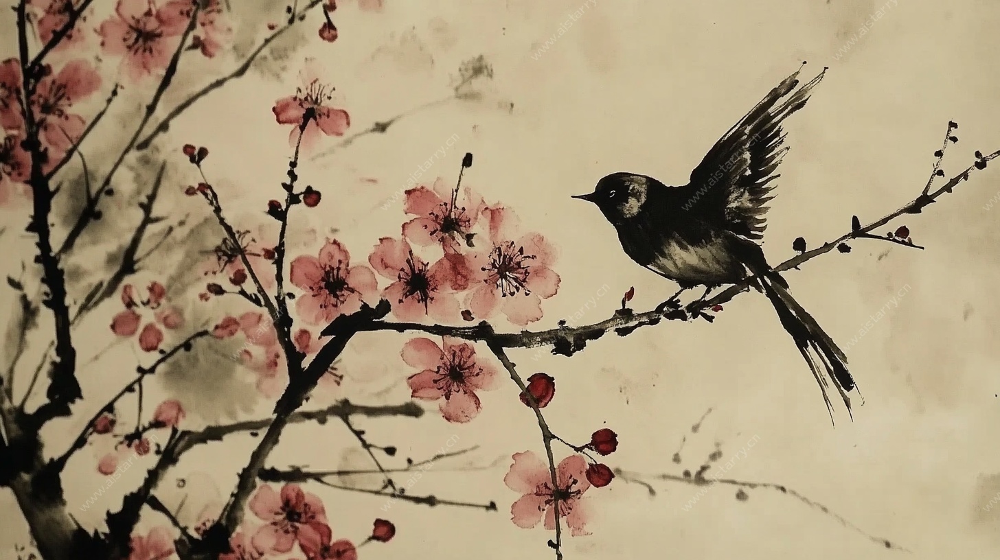 枝头飞鸟伴繁花