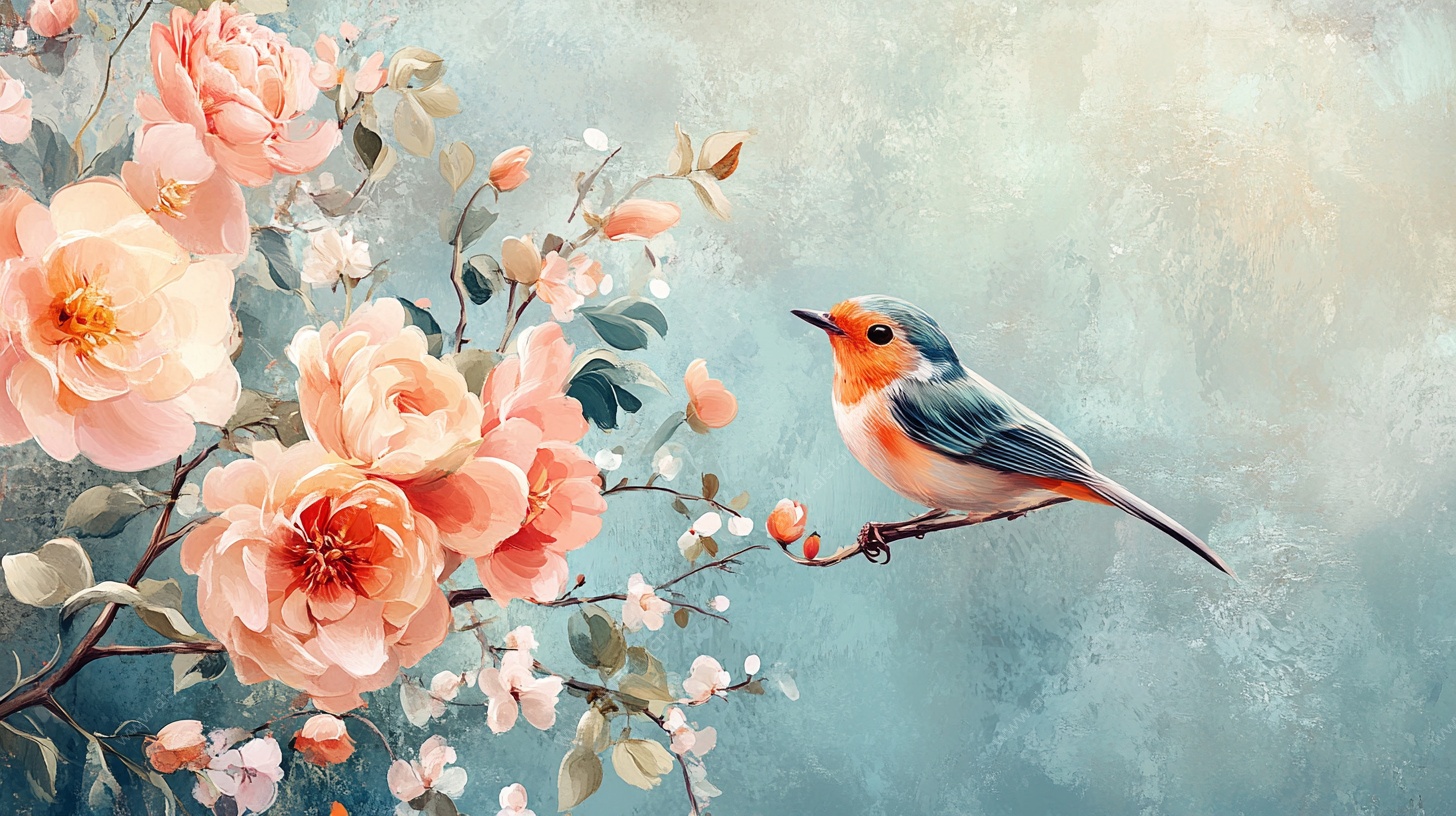 花鸟绘景 灵动鸟儿伴繁花