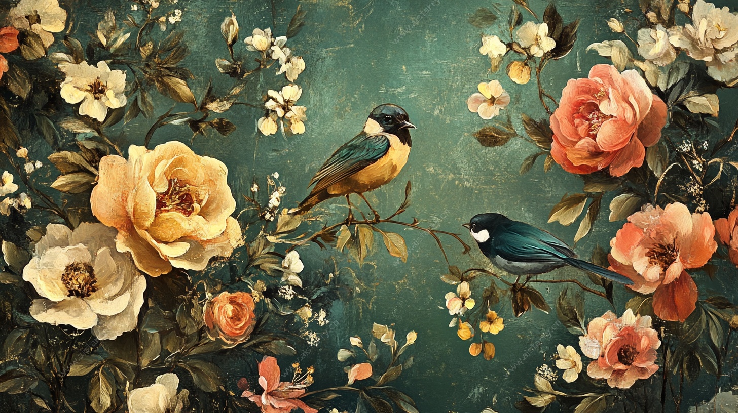 花鸟绘景 复古风画作