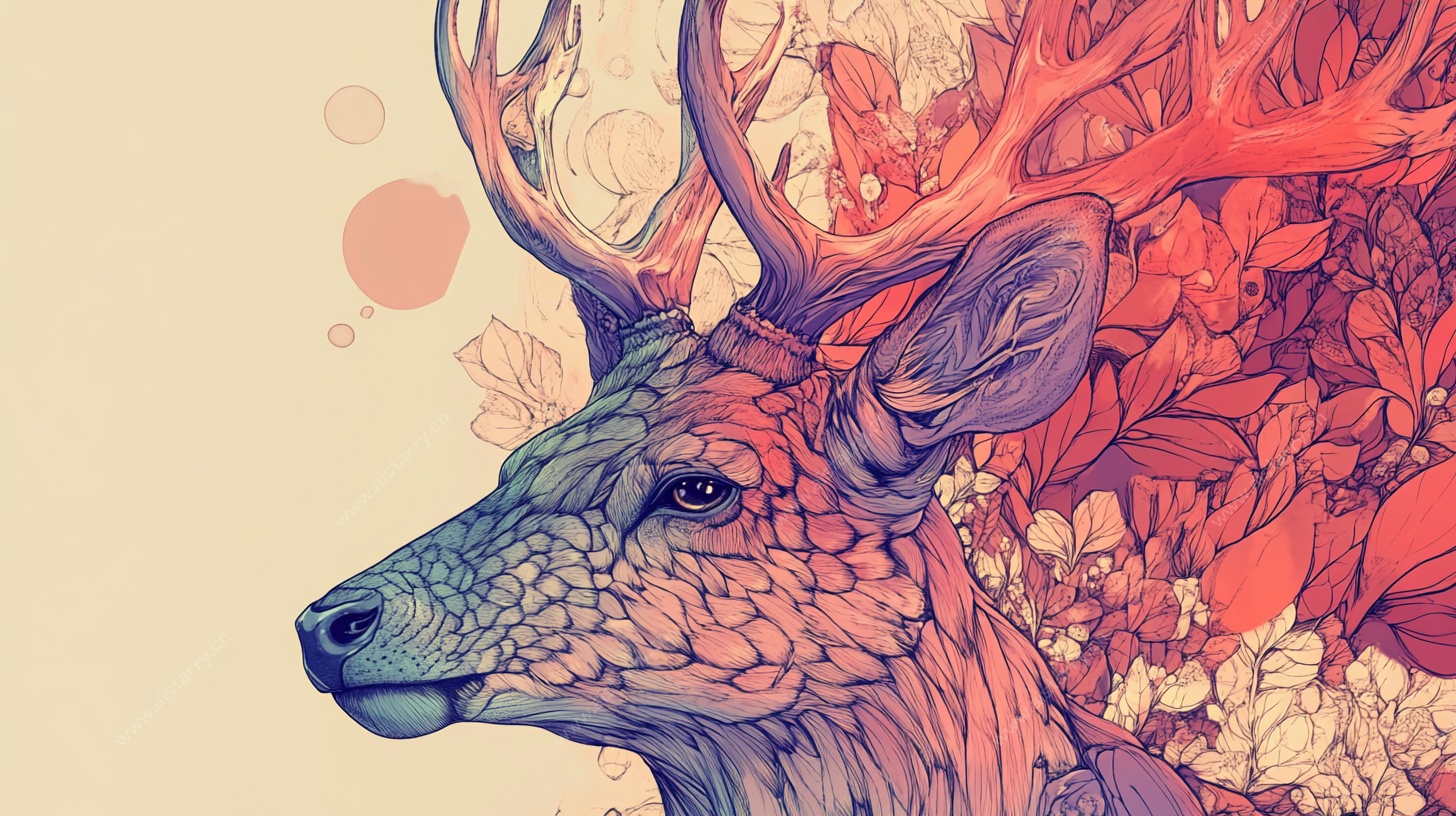 鹿的梦幻花卉头像插画