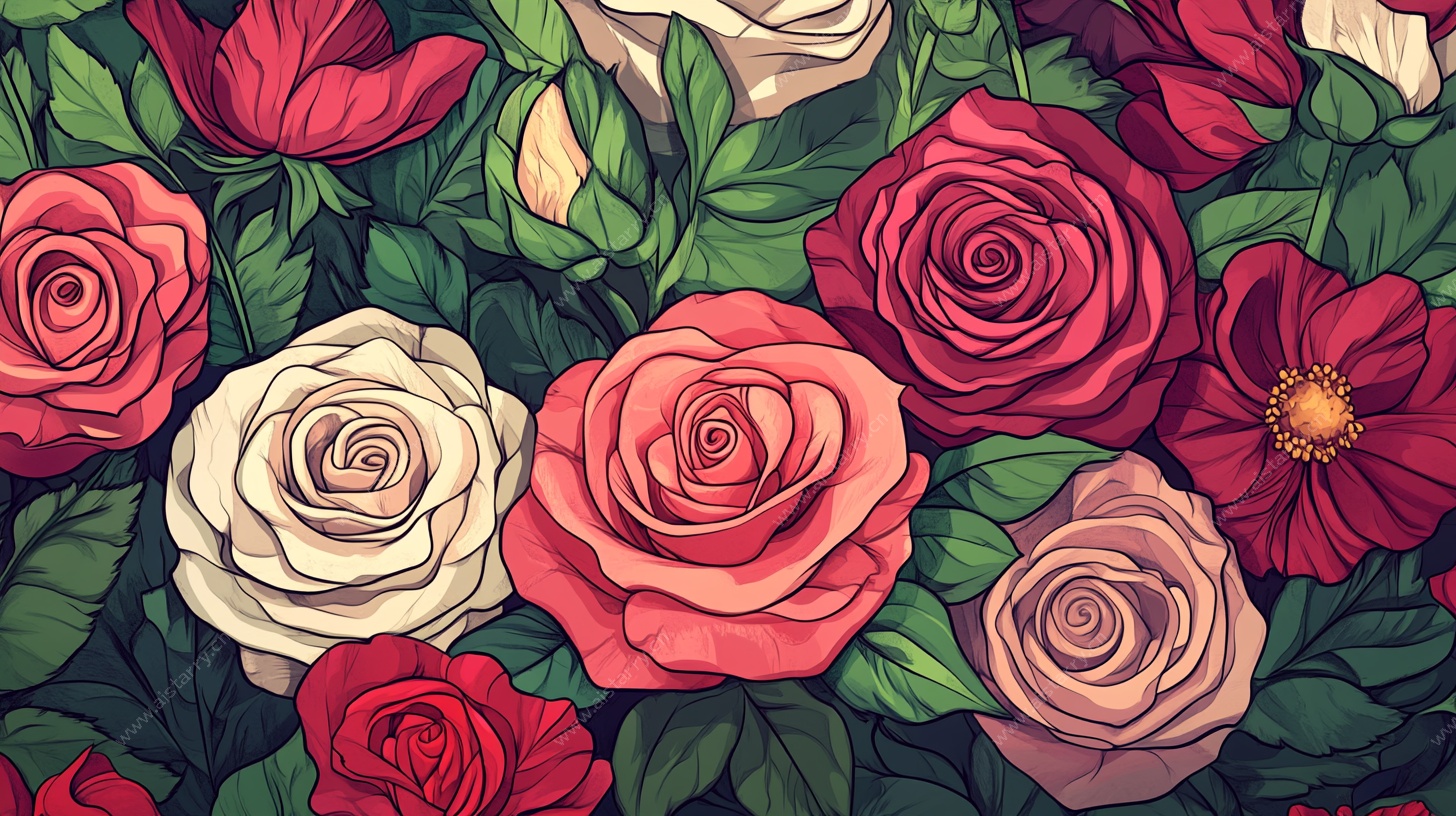 多彩玫瑰花卉图案插画