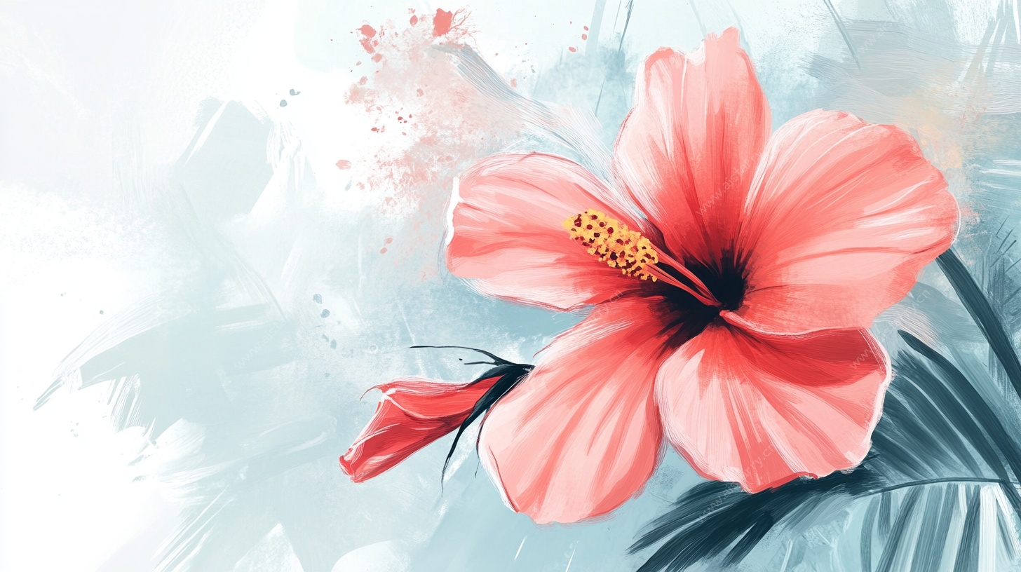 粉色木槿花的梦幻插画