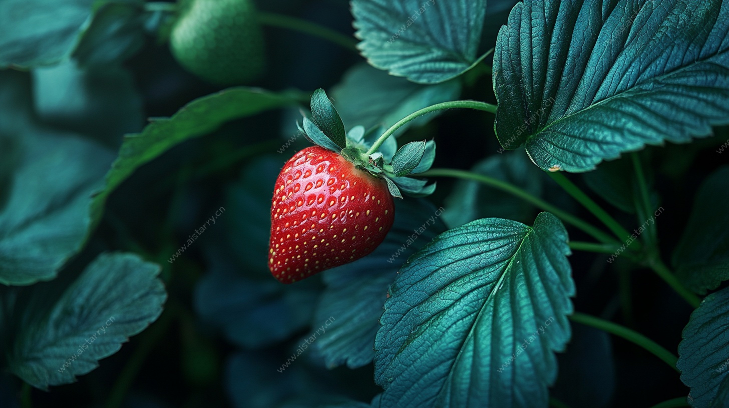 红嫩草莓隐于绿叶间