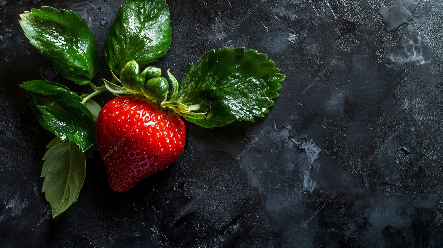 一颗鲜红草莓配绿叶