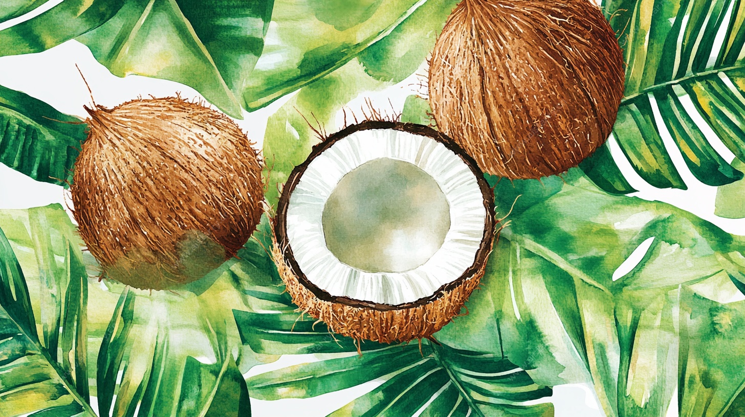 水彩绘椰果与热带绿叶