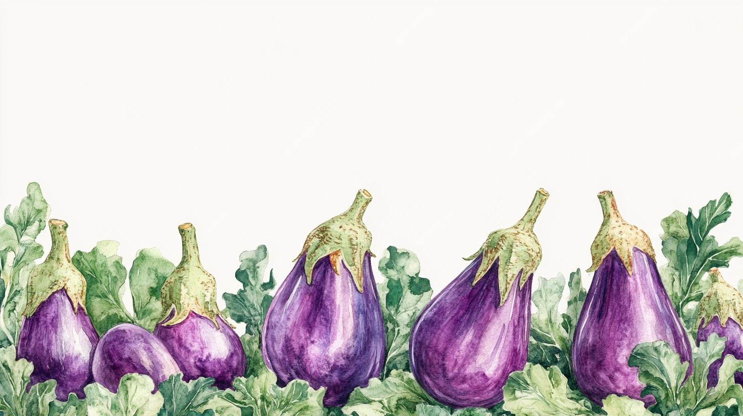 水彩绘紫色茄子与绿叶