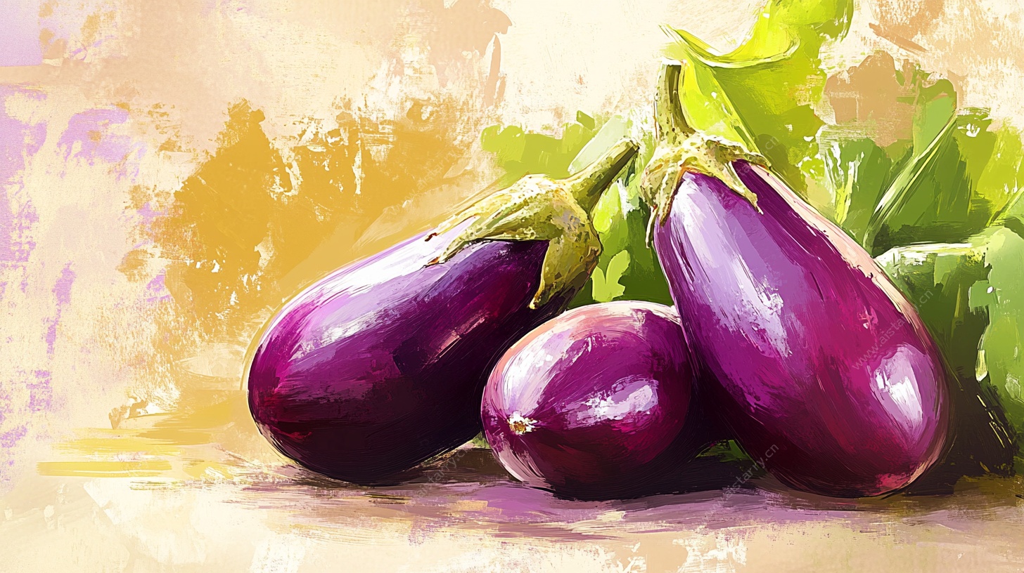 油画风紫色茄子静物图