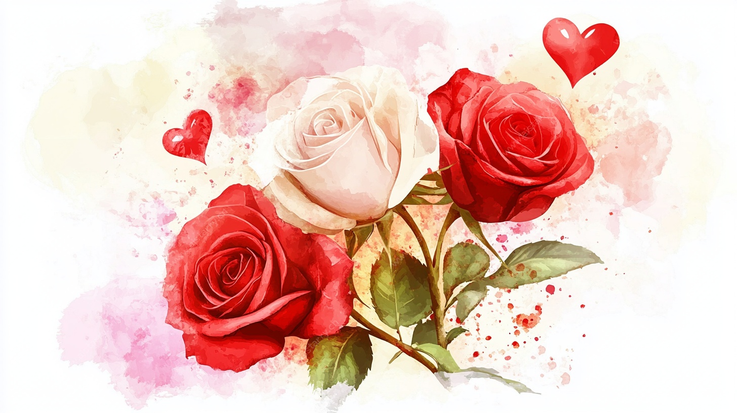 水彩玫瑰与爱心浪漫图景