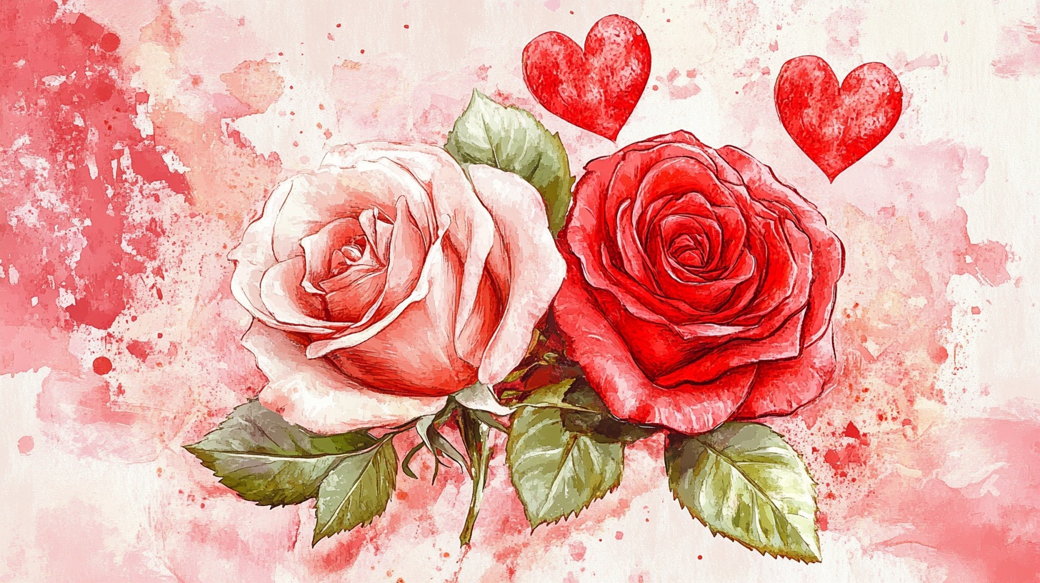 水彩玫瑰爱心浪漫插画