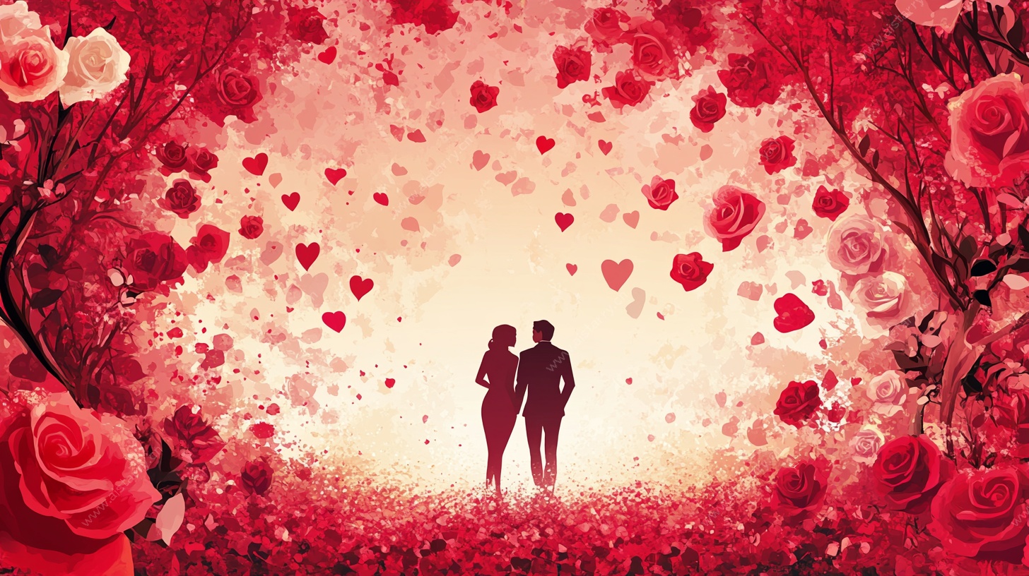 浪漫情侣漫步玫瑰爱心间