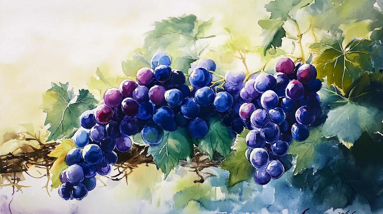 水彩绘紫葡萄硕果图