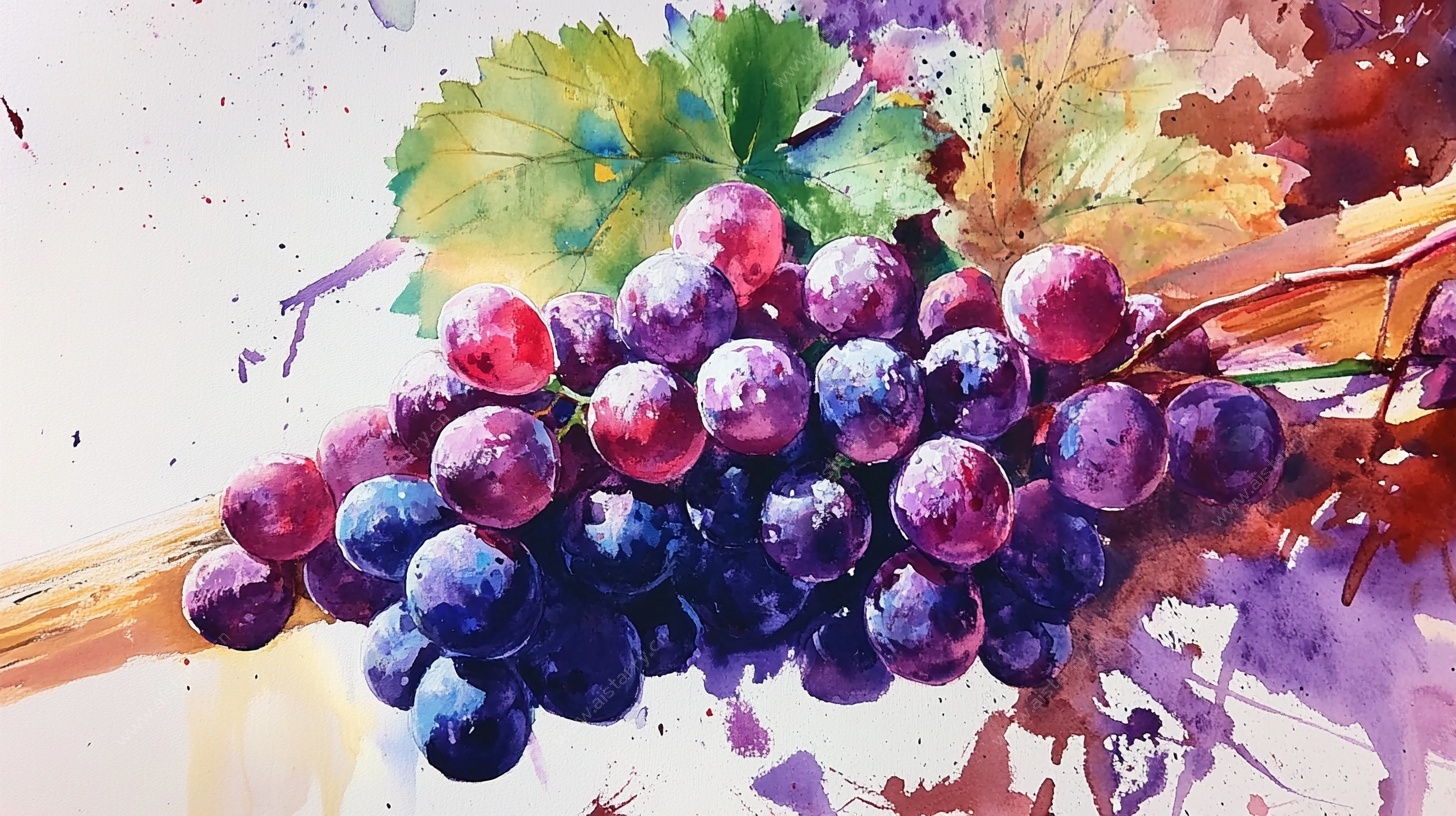 水彩绘紫葡萄特写