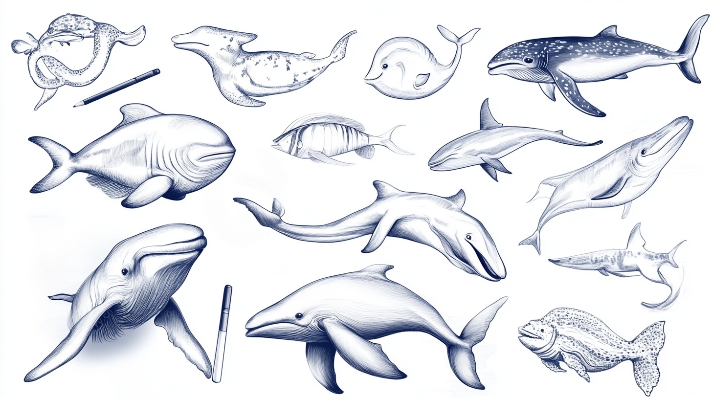 手绘海洋鱼类动物集合