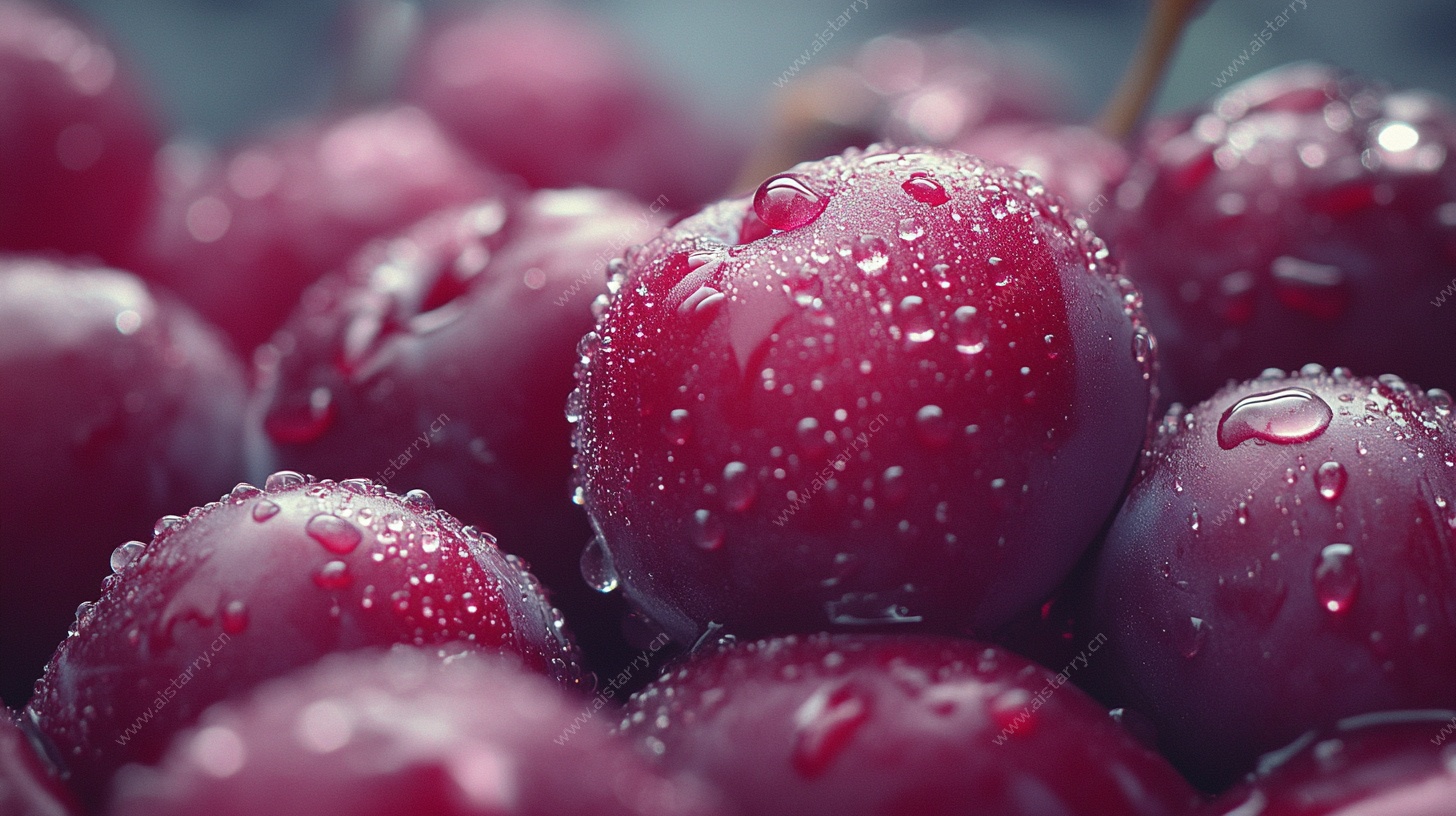 水珠覆樱桃的诱人画面