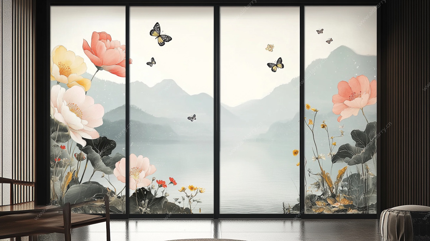 中式花鸟山水移门装饰画