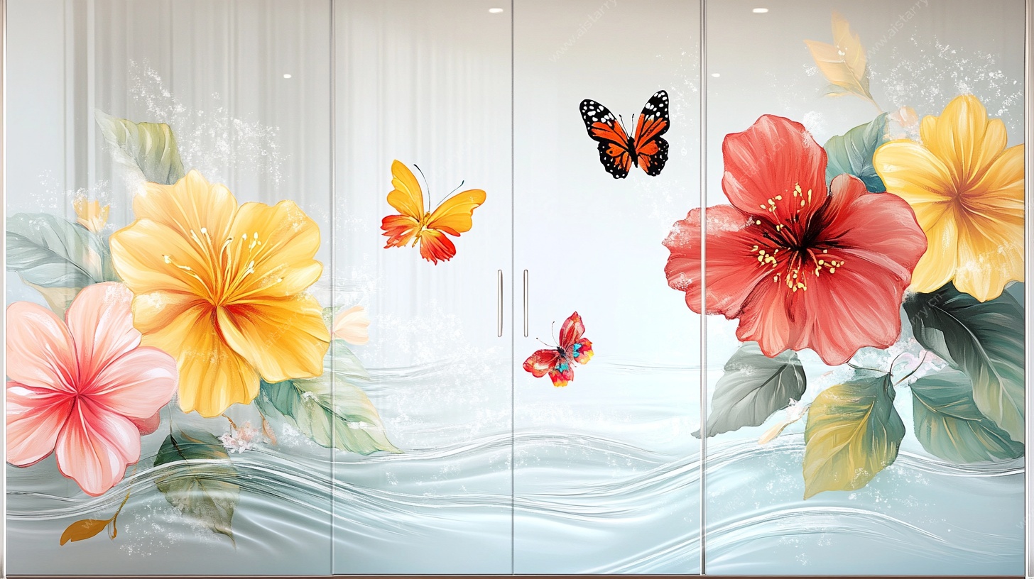 花卉蝴蝶玻璃门装饰画