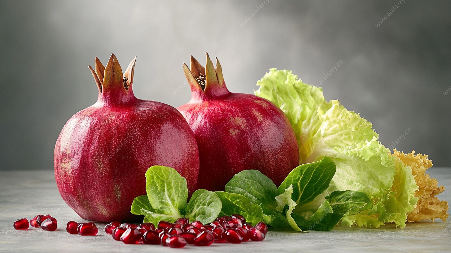 两个红石榴与蔬菜静物图