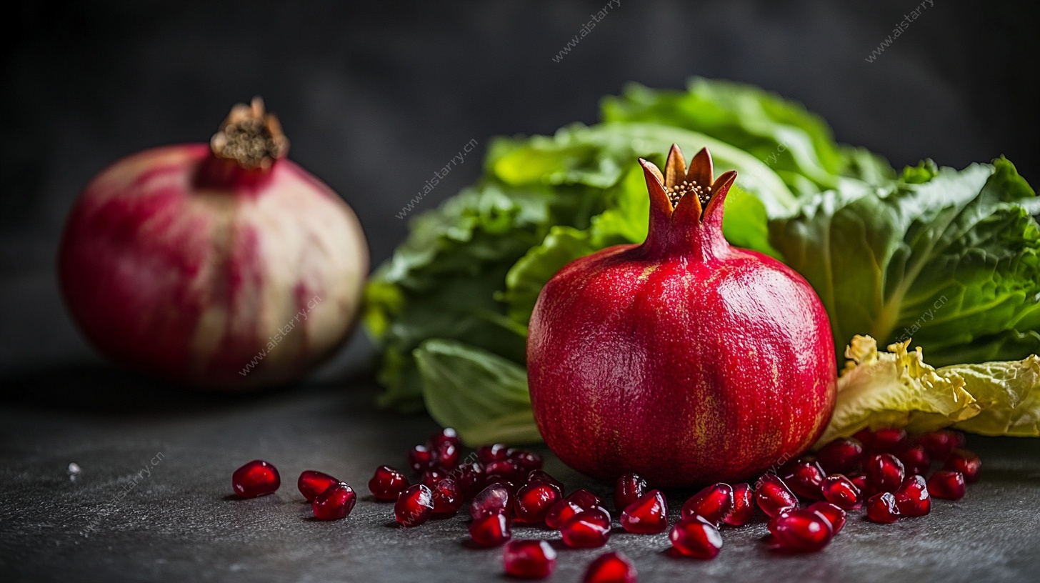 红石榴与绿叶静物特写