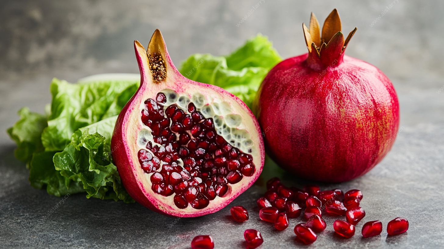 新鲜红石榴与生菜静物图