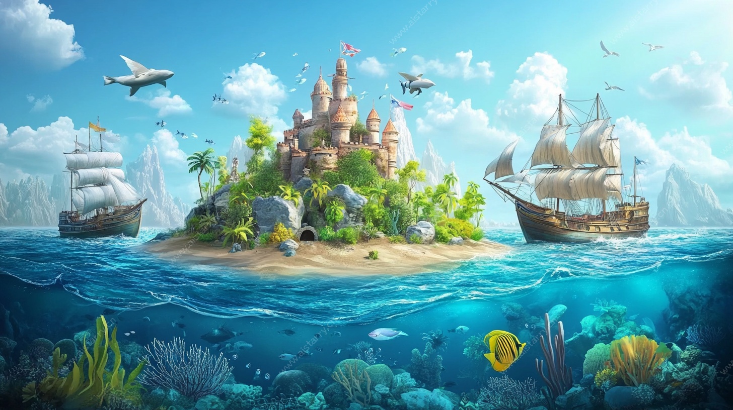 梦幻海岛与航海帆船图景