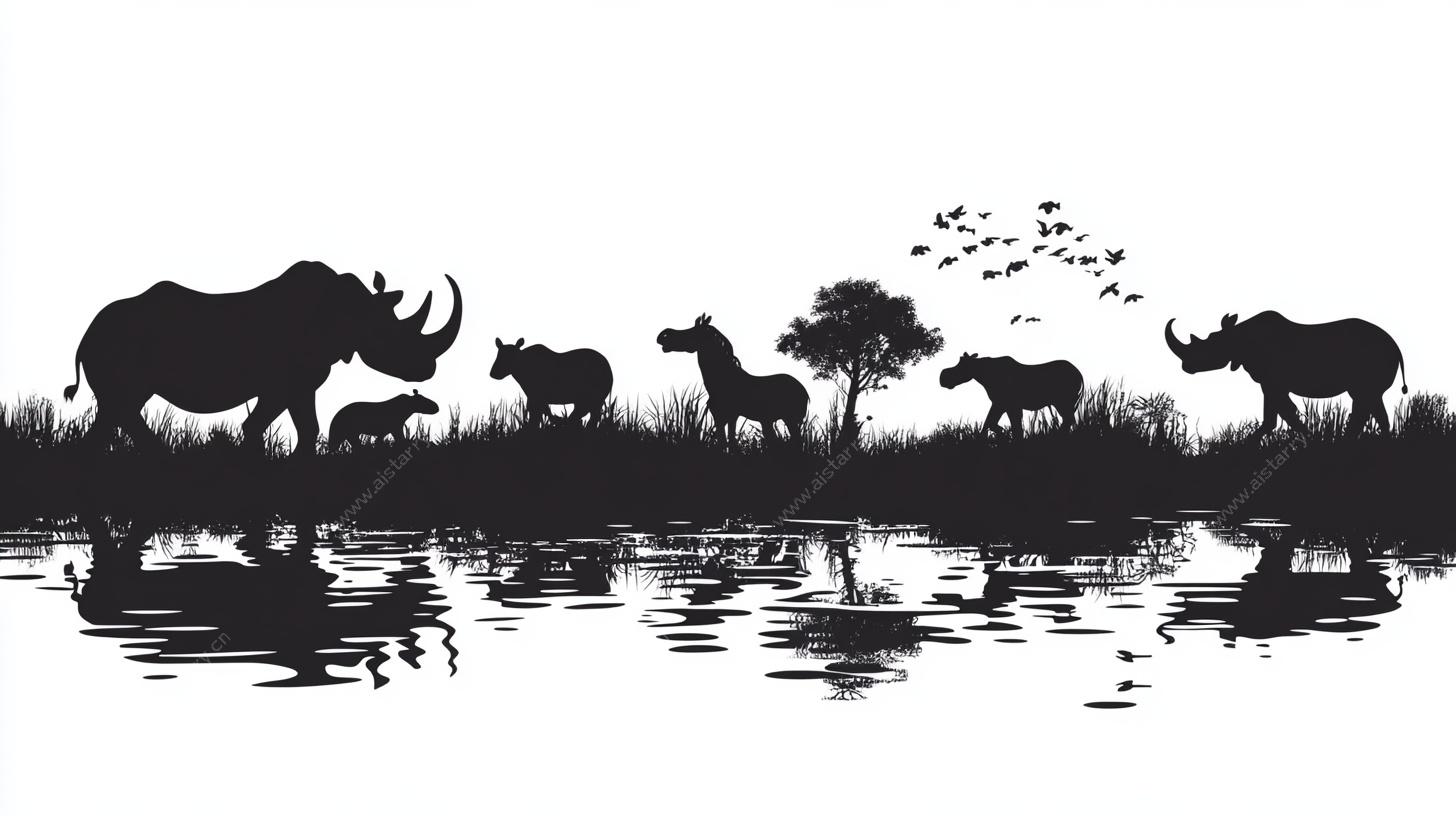 非洲野生动物水边剪影