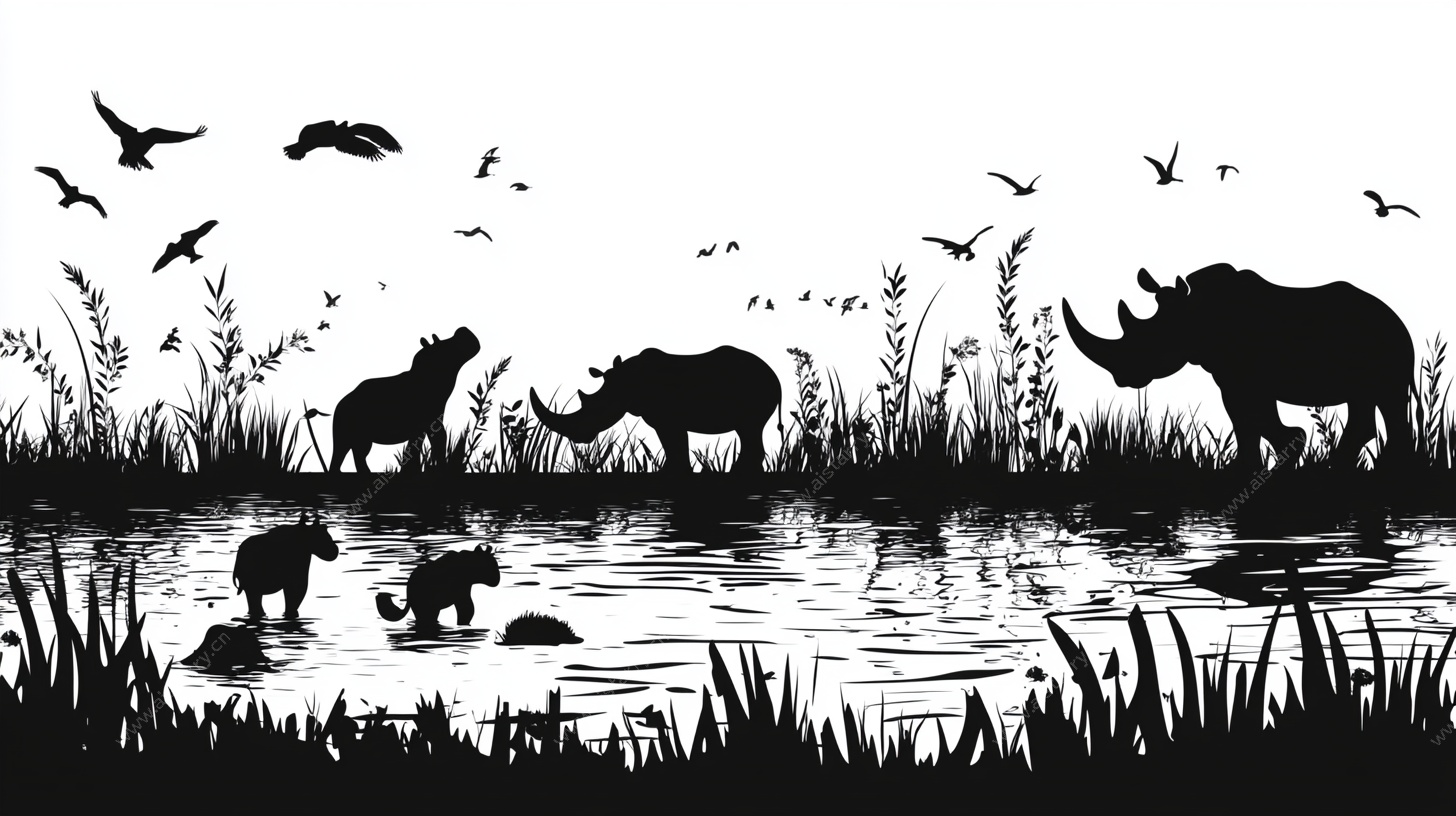 草原野生动物剪影场景