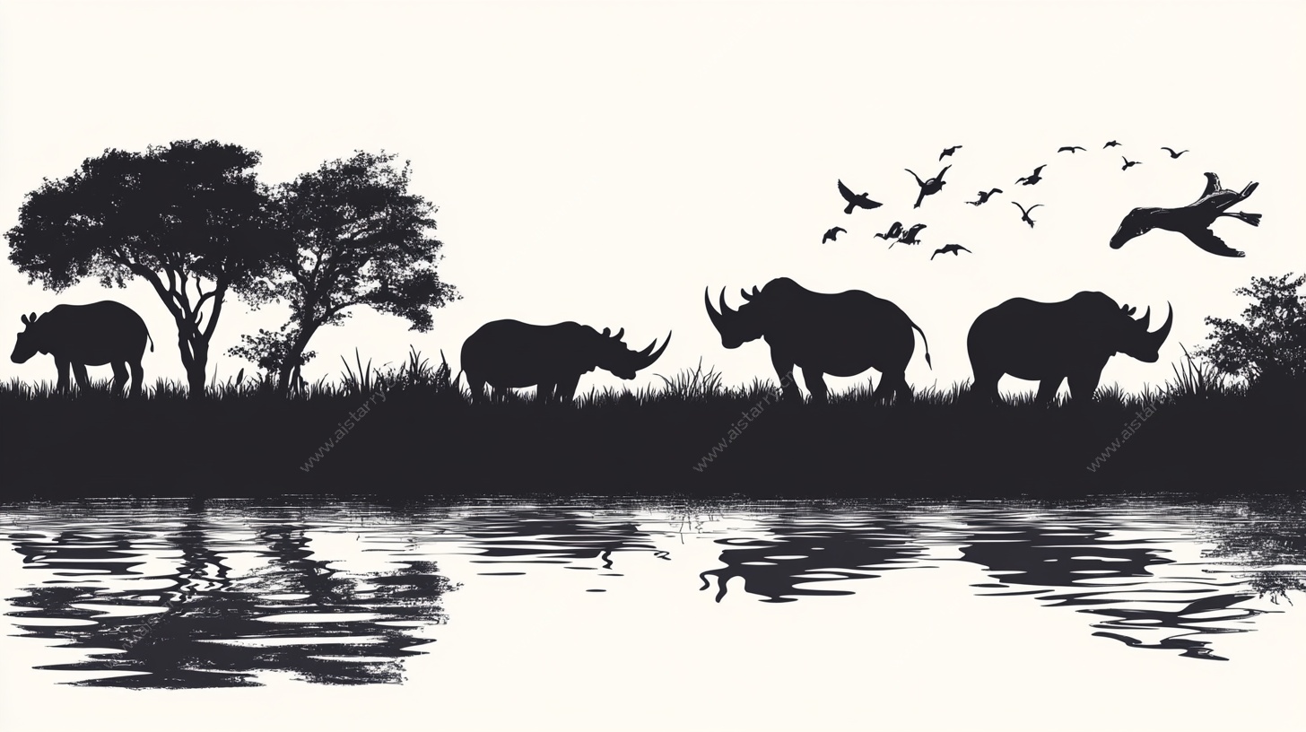 非洲草原犀牛群剪影景观