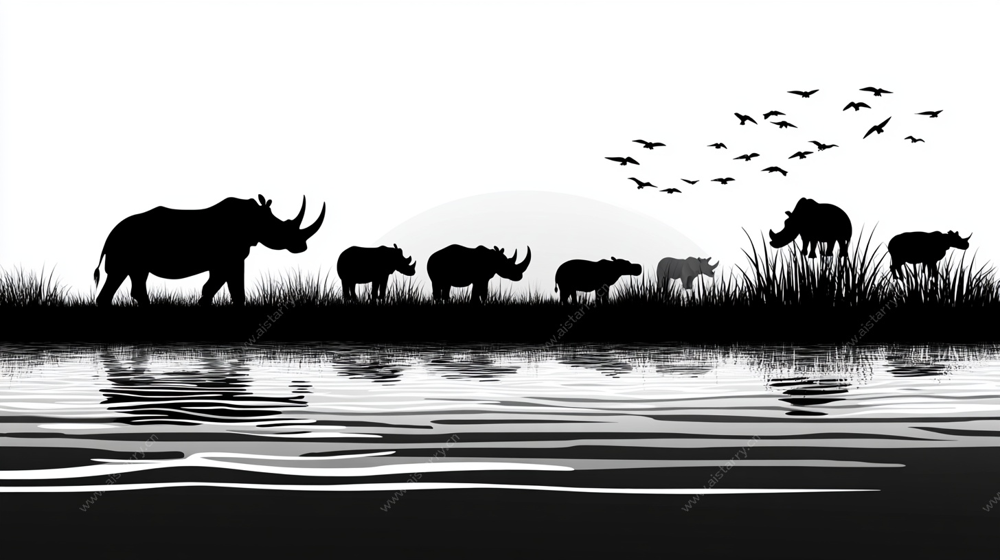 草原犀牛群剪影景观