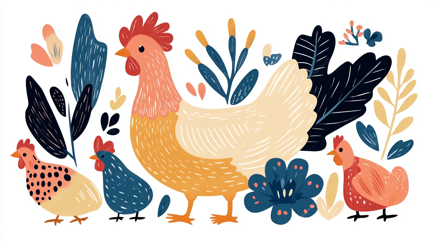 田园风母鸡与小鸡插画