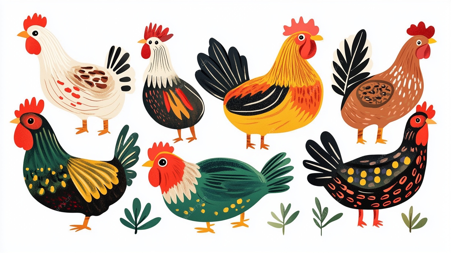 多彩手绘风格鸡群插画