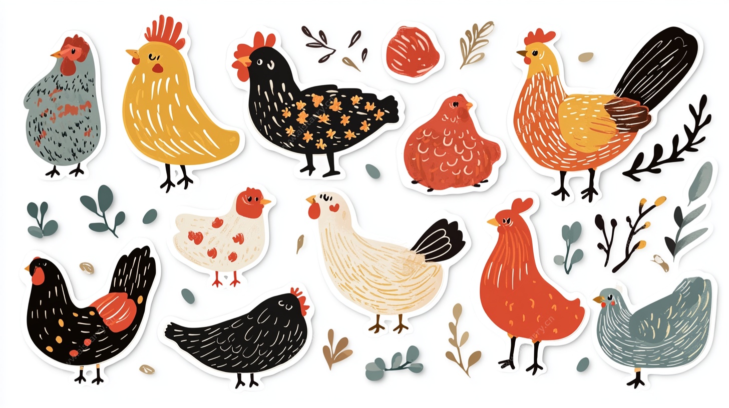 可爱卡通风格多彩鸡群插画