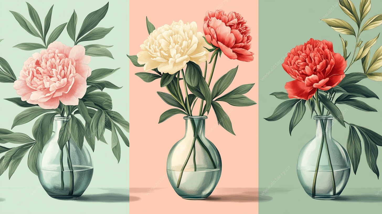 三束芍药插于透明花瓶中