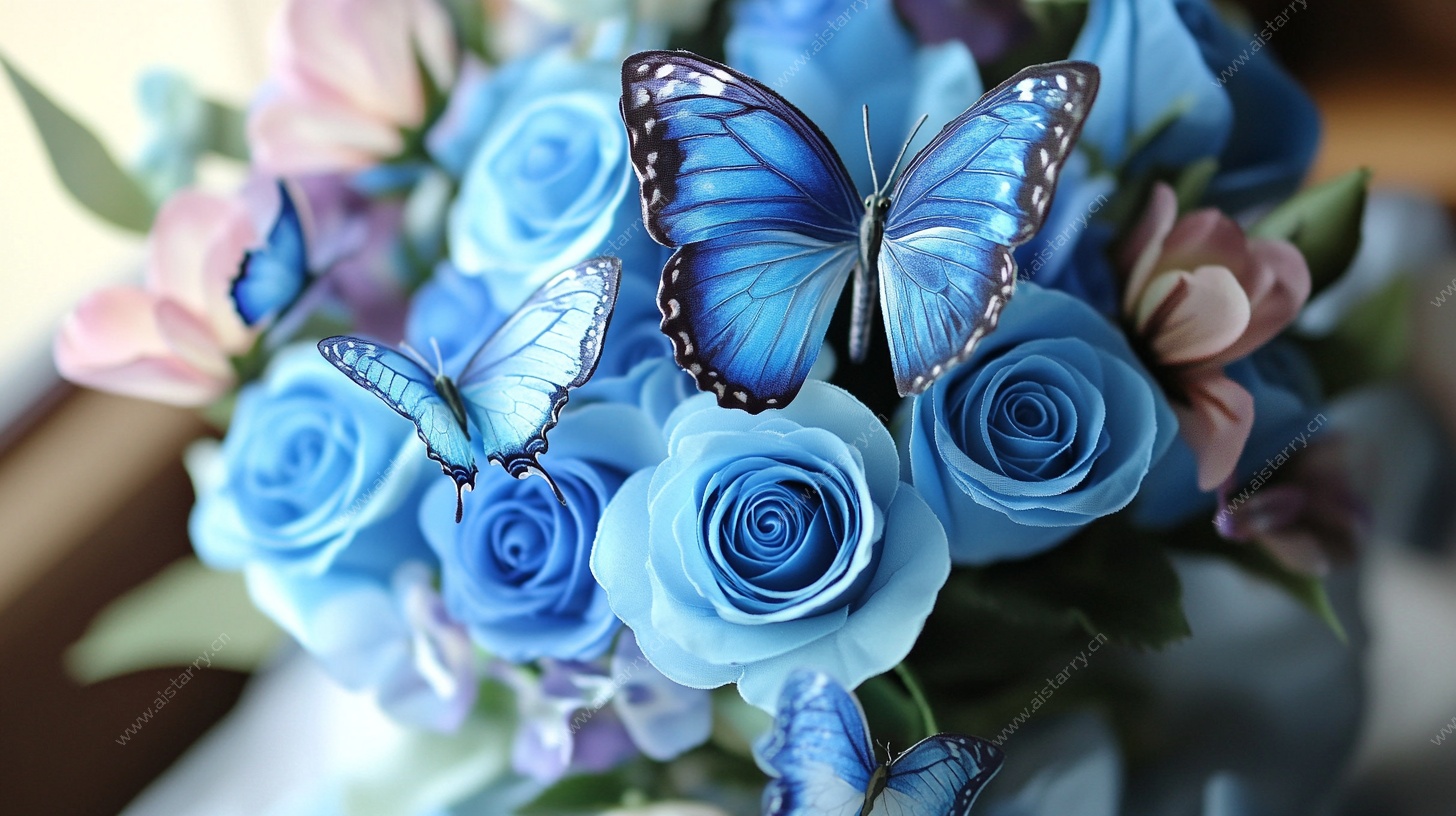 蓝玫瑰上的梦幻蝴蝶