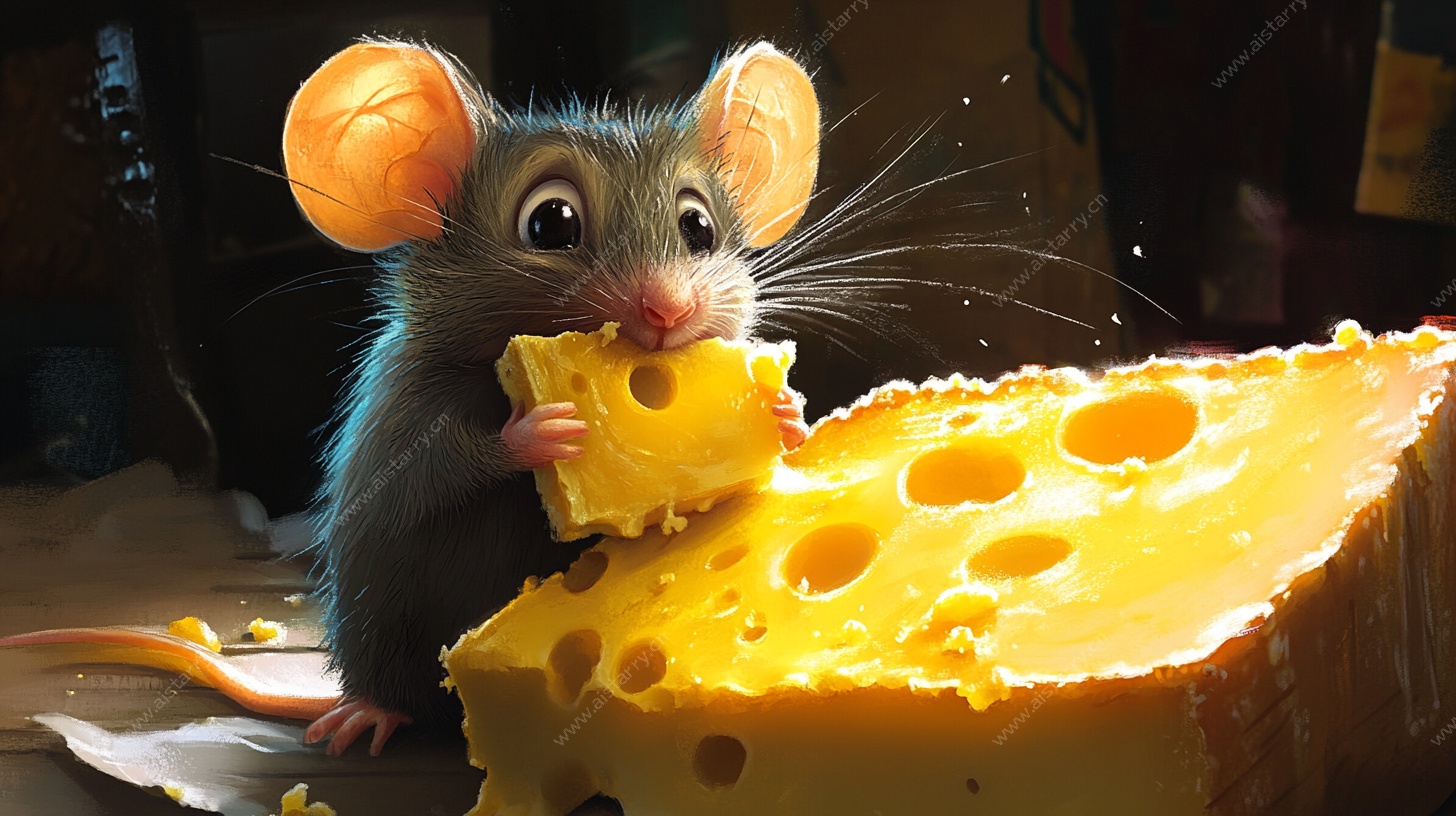 可爱小鼠啃食大块奶酪