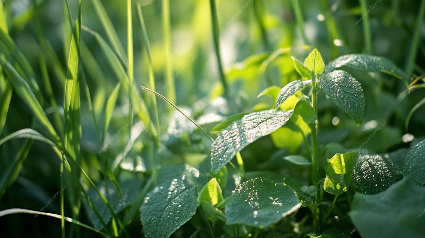 清晨露珠下的嫩绿植物