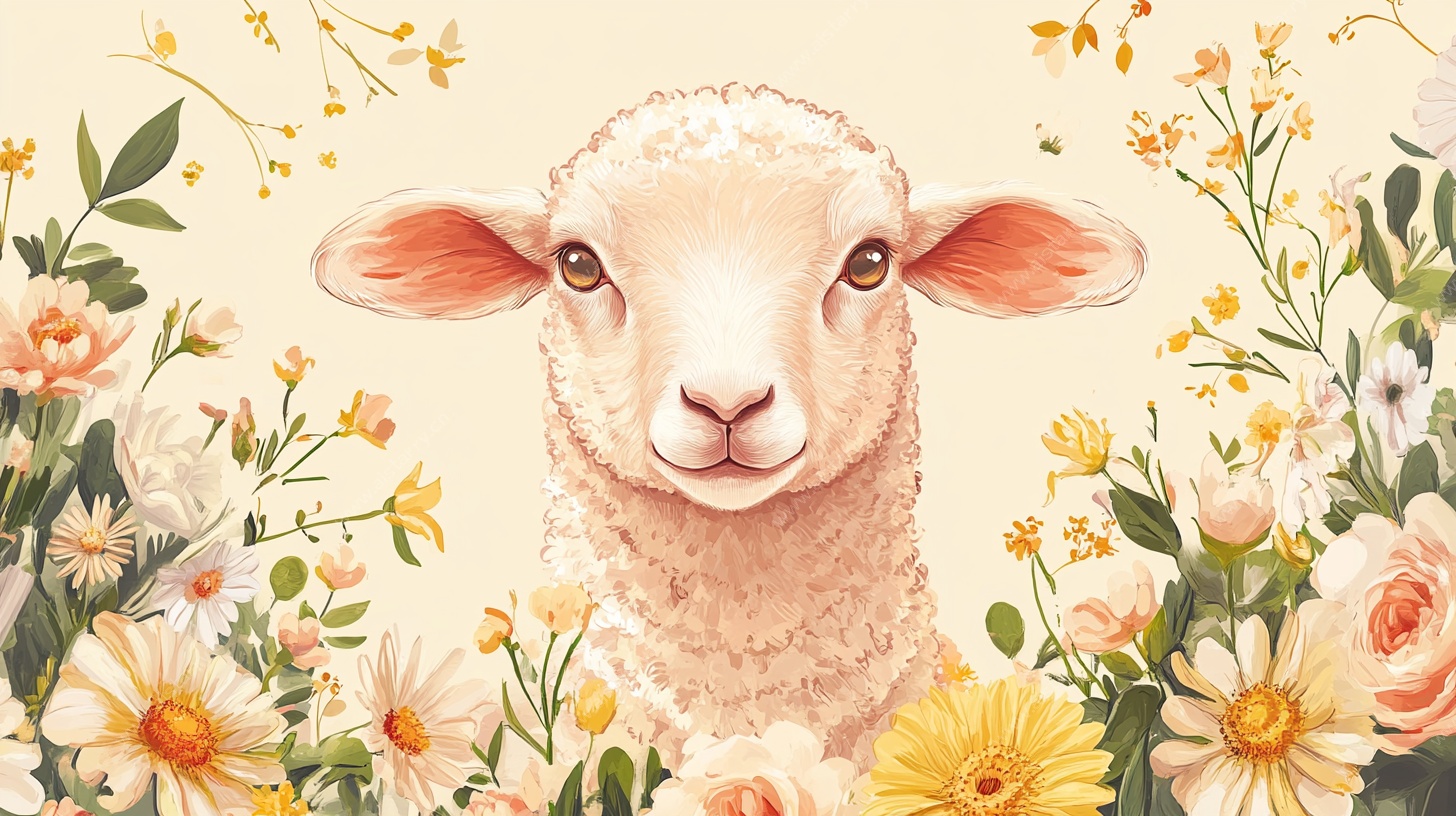 绵羊与花卉的温馨插画