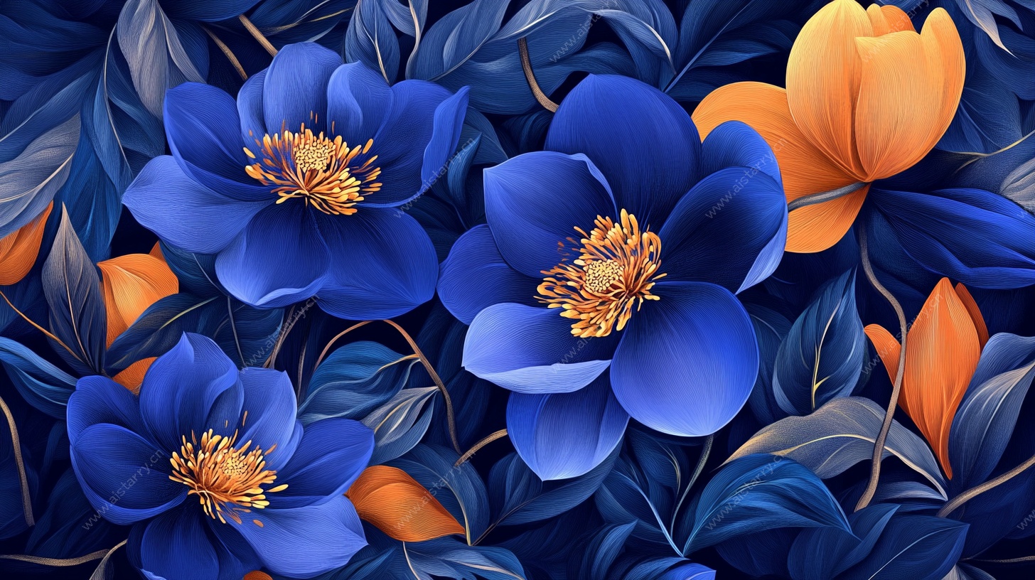 蓝橙花卉图案插画