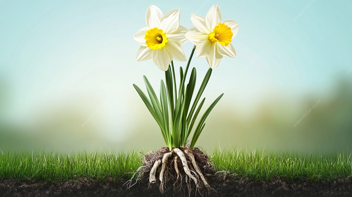 两朵水仙立绿草地间