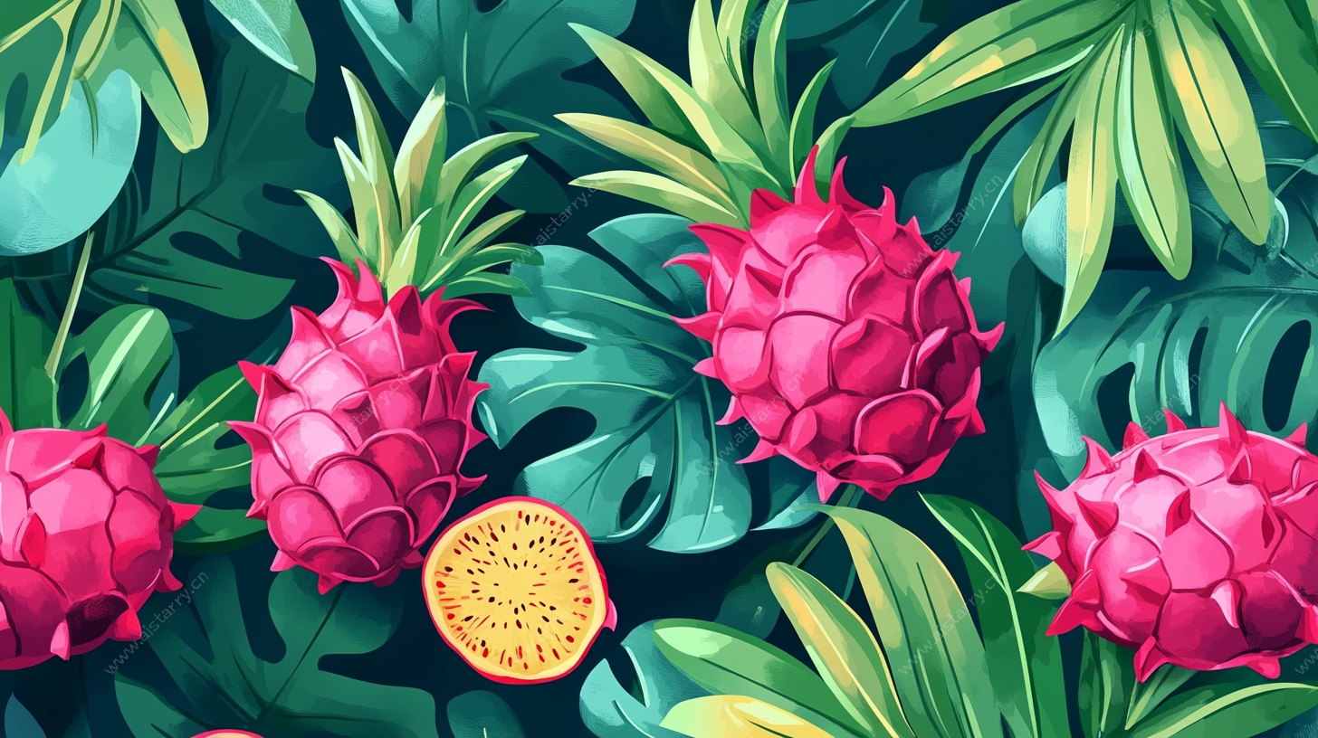 热带水果与绿植插画