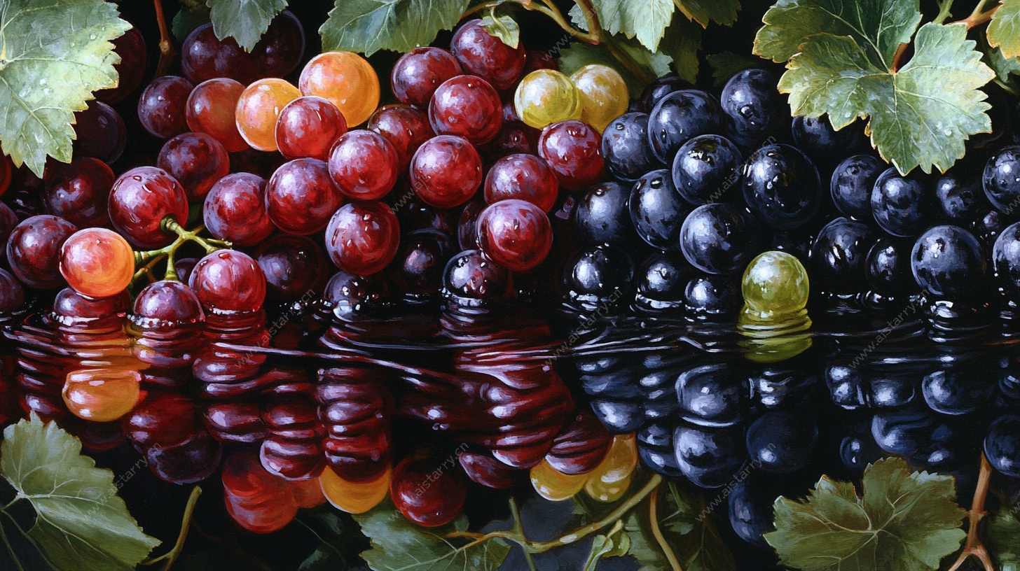 多彩葡萄与叶的水畔景致